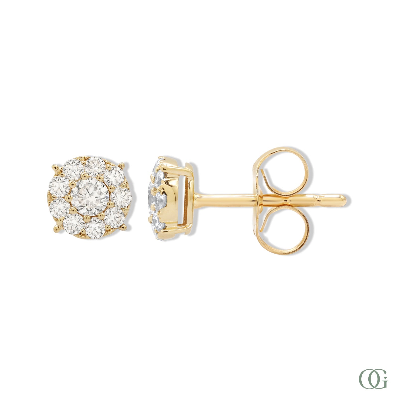 A pair of dainty round diamond earrings with a gold band and a clear, encrusted in diamonds design.